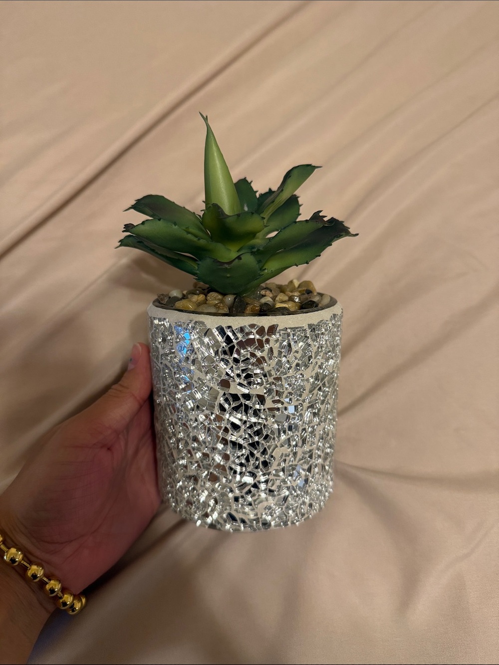 Mirrored Mosaic Planter with Green Faux Succulent - Decorative Accent